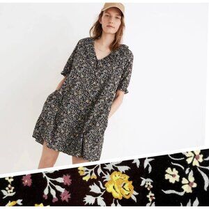 Madewell Black Floral Puff Sleeve V-Neck Trapeze Mini Dress